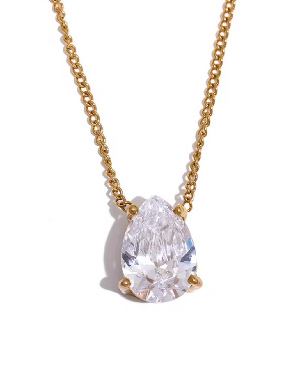 Gold Pear-Cut White Crystal Pendant Necklace